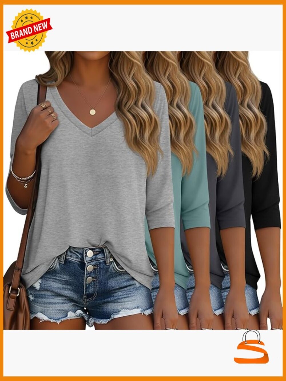 4 Pack 3/4 Sleeve V-Neck Tunic Tops Loose Fit Cotton Tees